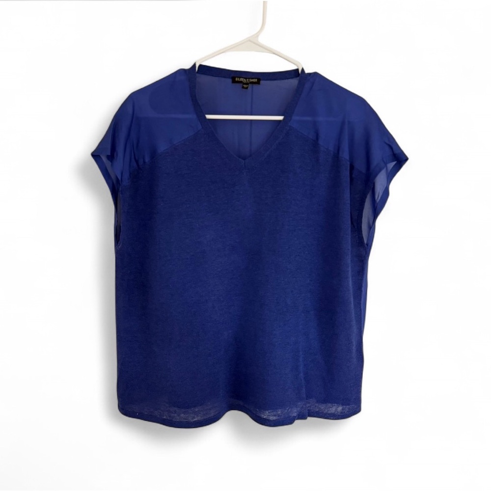 Eileen Fisher Sweater S P Silk Linen Knit Silk Habutai Boxy Short Sleeve Blue